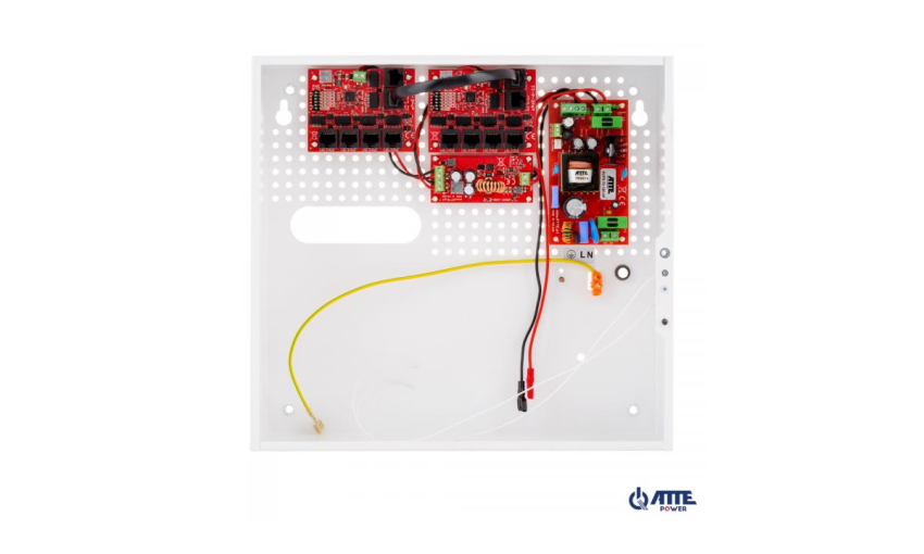 IPUPS-9-11-F Zestaw buforowy do 9 kamer IP, w obudowie wewnętrznej ABOX-F (1x AKU 18Ah), zasilacz 72W, switch PoE 10 portowy 10/100Mbps (9xPoE + 1xUplink), bezpieczniki elektroniczne, tryb Long Range, typu IPUPS-9-11-F